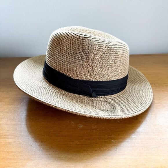 Unbranded Unisex Tan Paper Fedora Hat with Black wrap - Picture 5 of 7